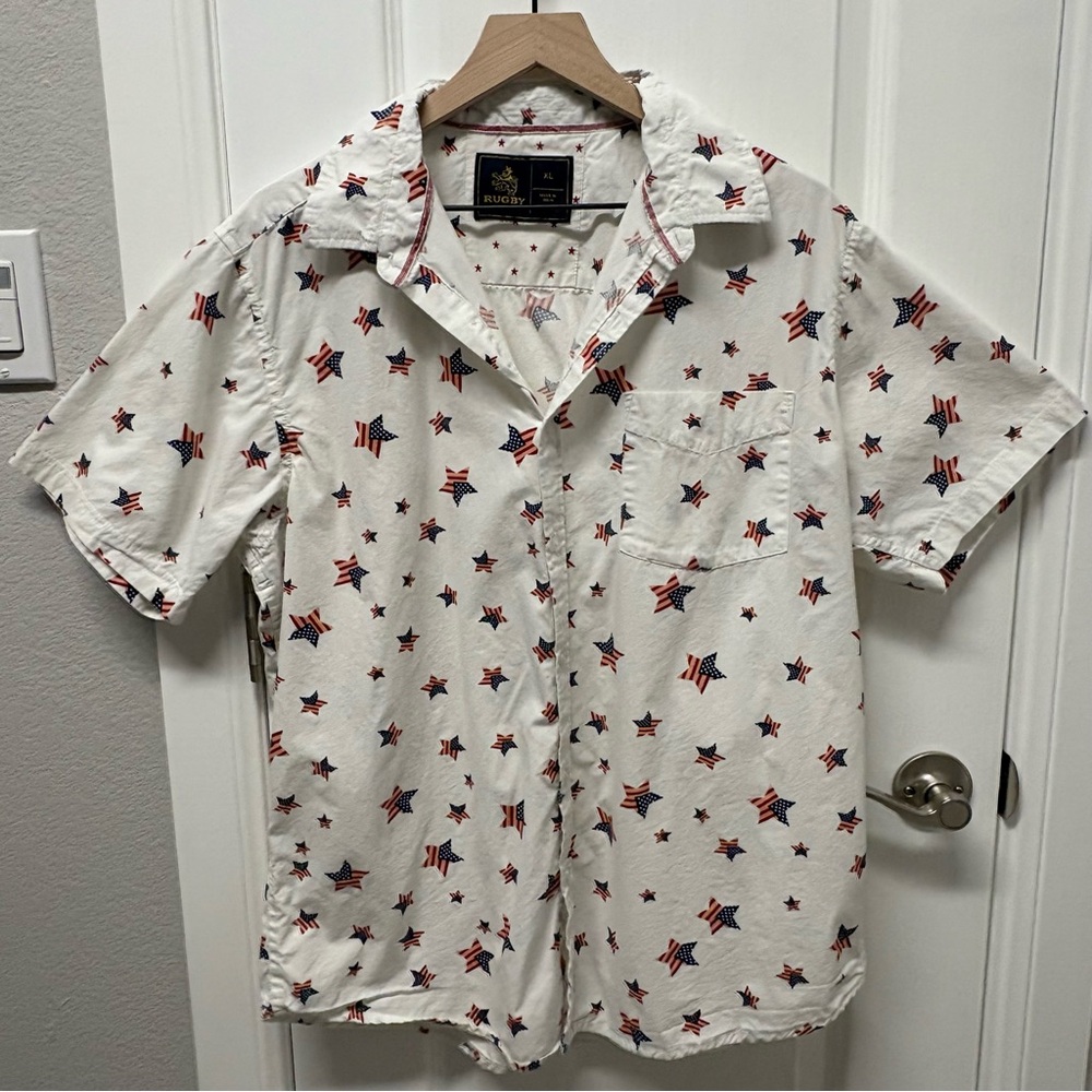 Rugby University Stars and Stripes Print Button Down Shirt 4th of July Men’s XL
